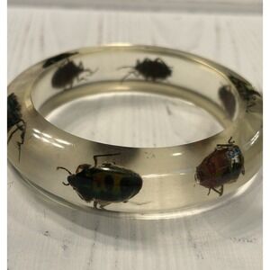 Vintage Neon Beatle Clear Lucite Bangle Bracelet Rare Excellent Fluorescent